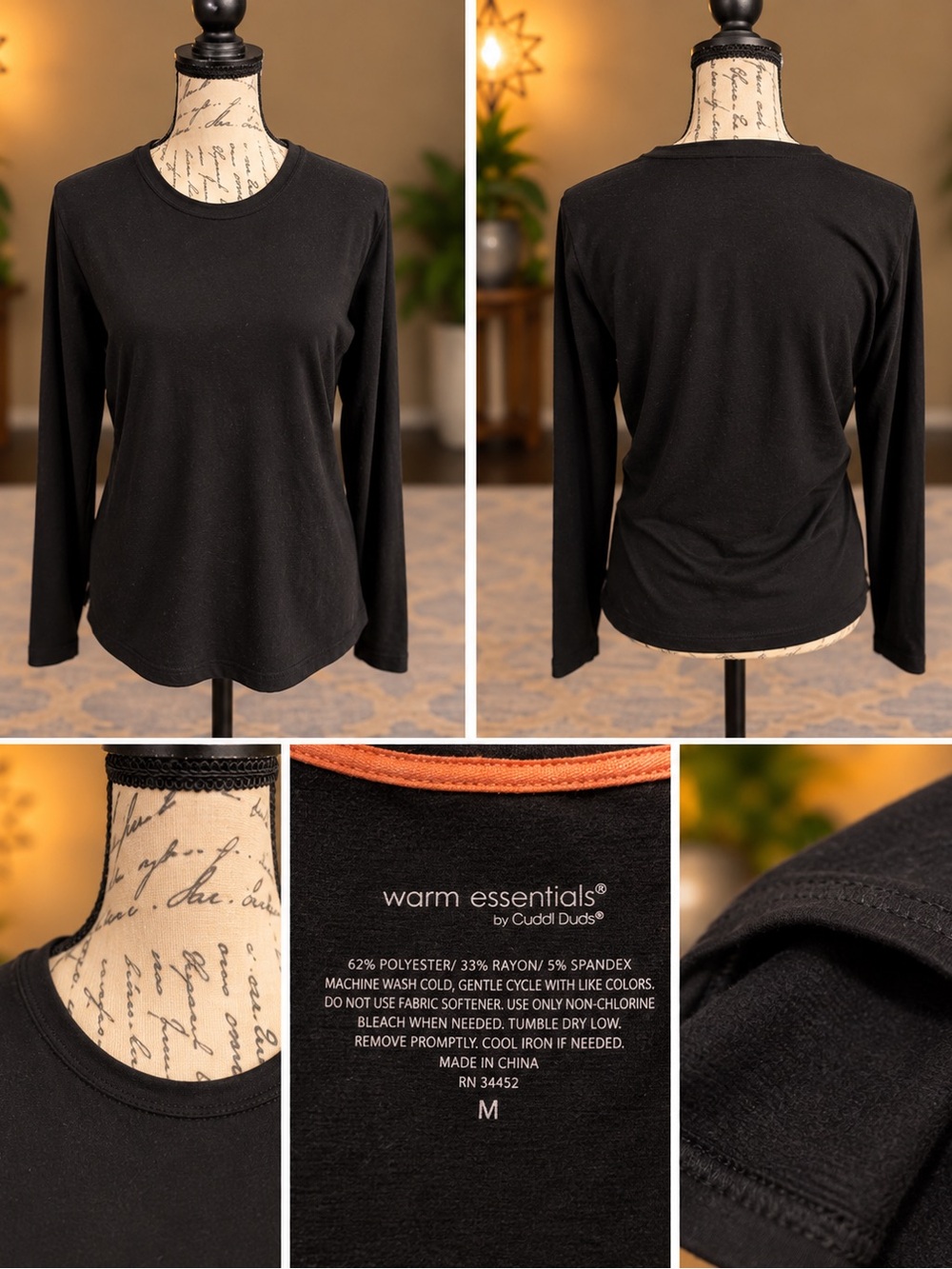 Cuddl Duds Warm Essentials Black Long Sleeve Base Layer Top Women’s M